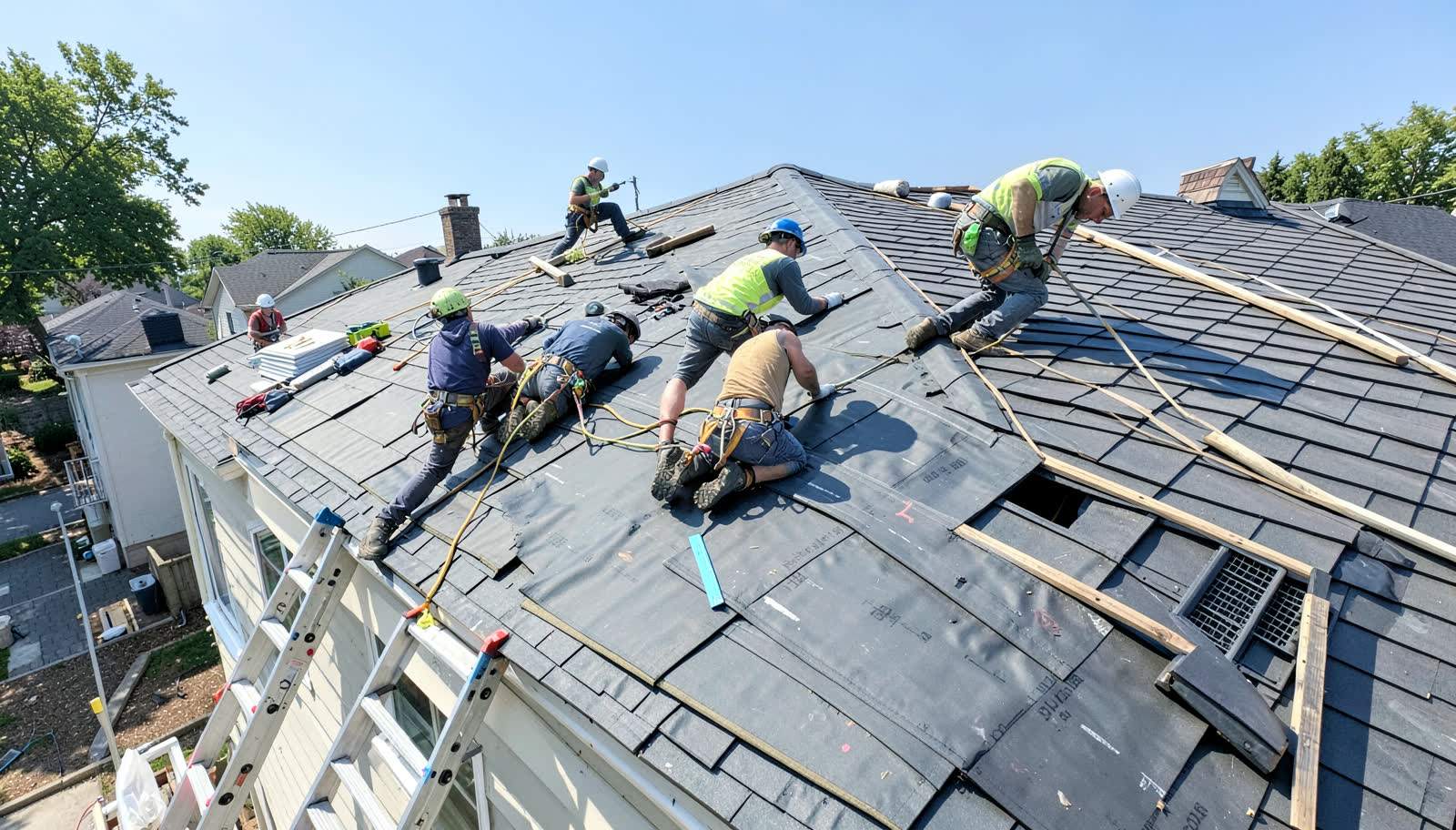 Roofing crew in safety harnesses installing underlayment on a residential roof