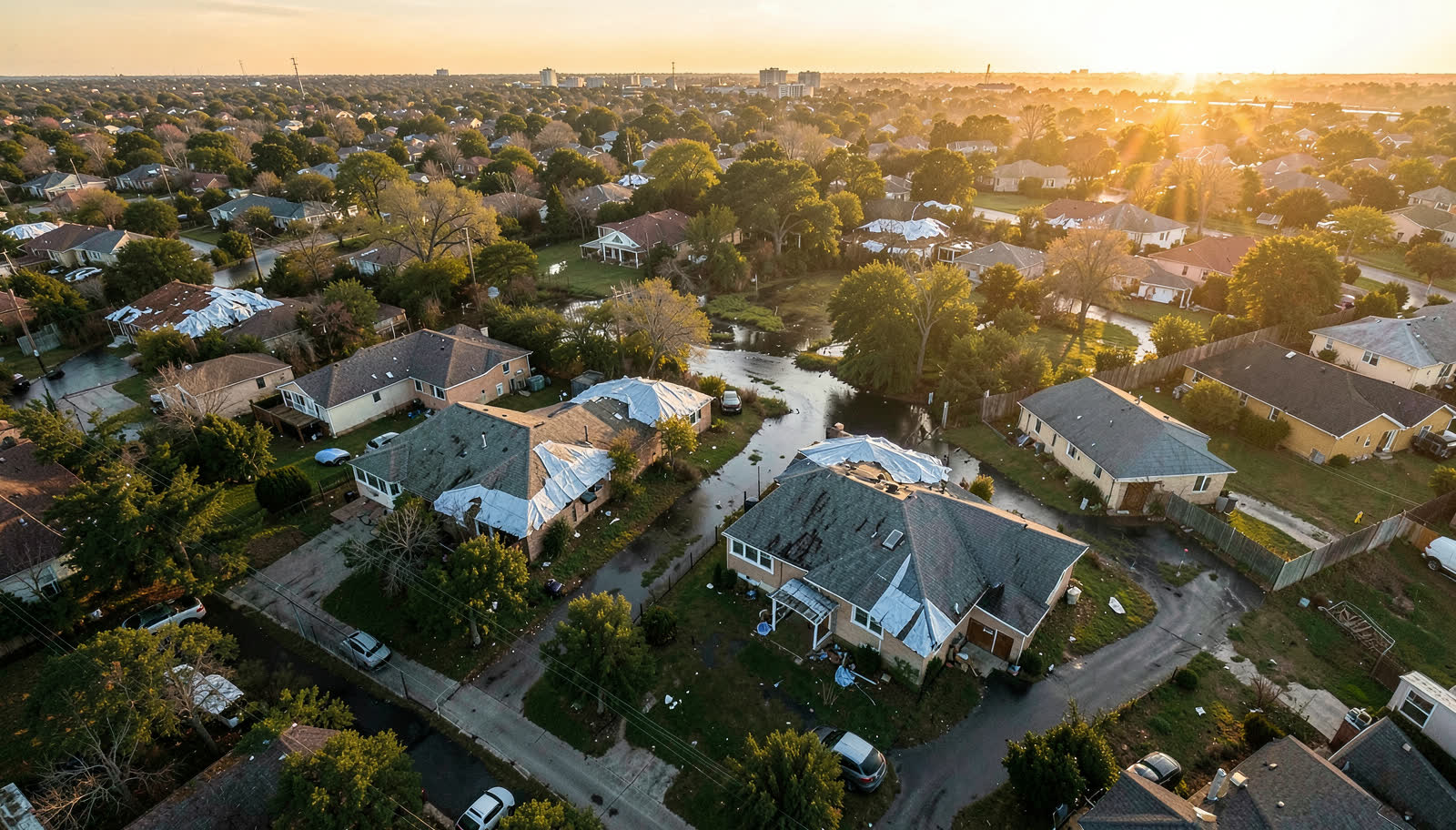 Aerial view of a Texas neighborhood with newly replaced roofs