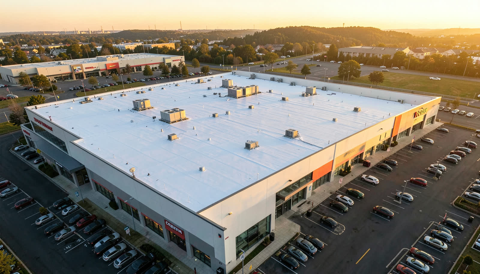 Metal roof panels on a commercial building