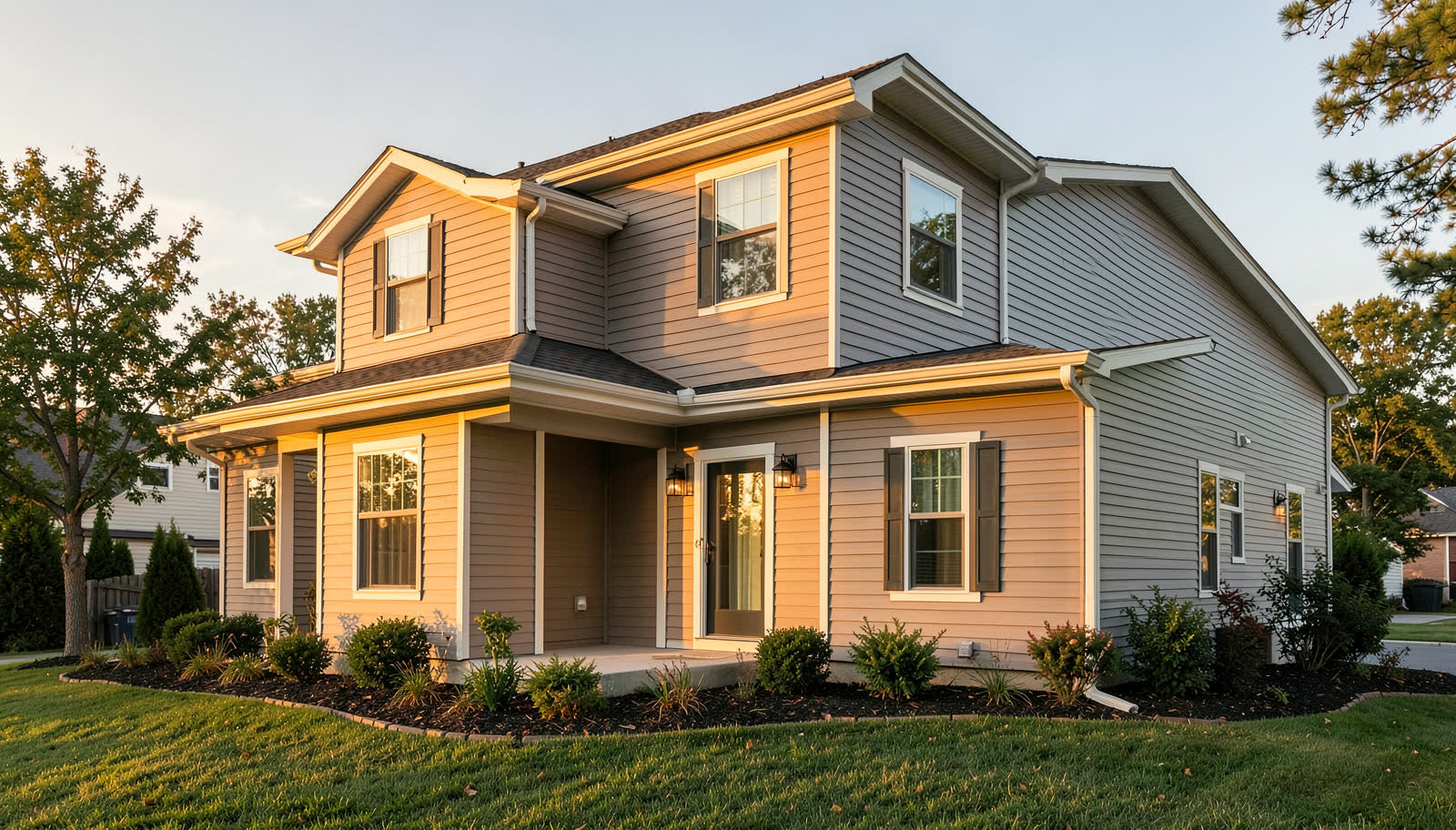 Texas home with new siding, gutters and windows in golden hour light