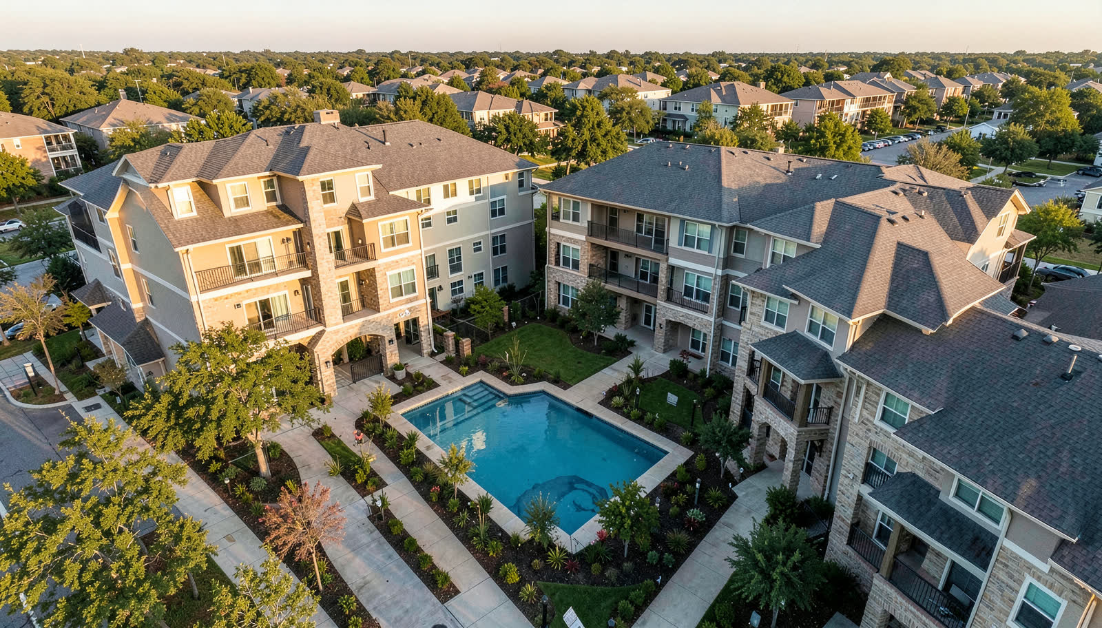 Aerial view of a Texas apartment community with new shingle roofs