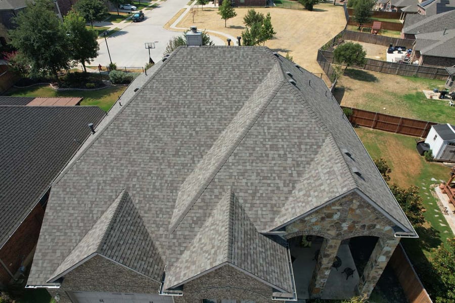 Completed residential roof replacement by Select Roofing, aerial view